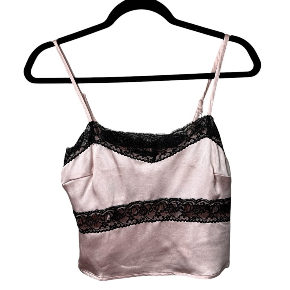 Y2K Boho Pink Cami Tank Top Silky Babydoll Lace Trim SZ S Kendall & Kylie 90s